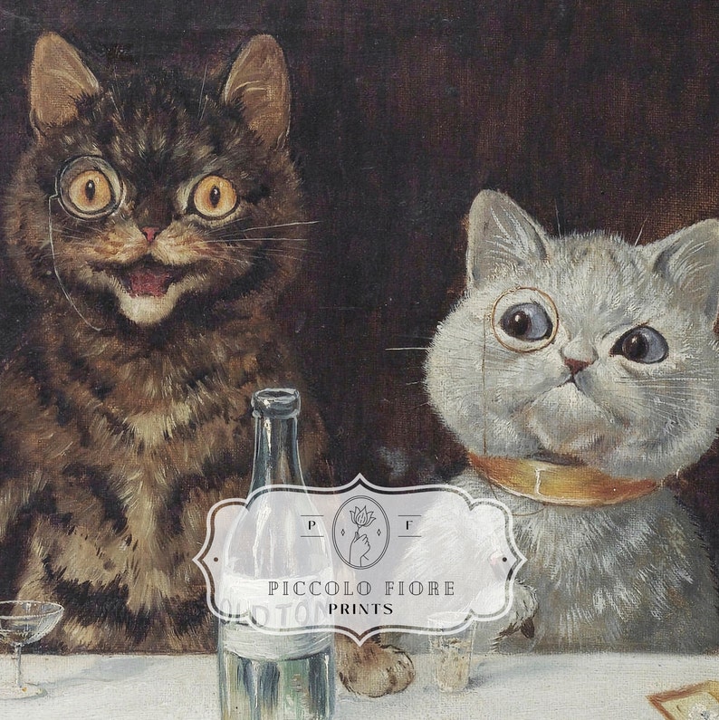 May include: Two cats wearing spectacles sit at a table with a bottle of alcohol and glasses. The cat on the left is brown and tabby, the cat on the right is white. The cats are looking at the viewer.