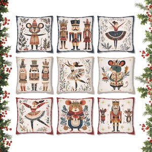 May include: Nine decorative cushions with festive designs. The cushions feature illustrations of nutcrackers, mice, and ballerinas in a whimsical, holiday-themed style. Each cushion has a white background with a decorative border.