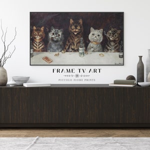May include: A framed print of a painting depicting five cats sitting at a bar, drinking and smoking. The painting is titled "The Cats' Bar."