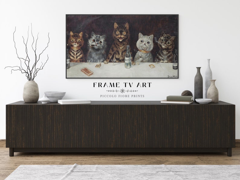 May include: A framed print of a painting depicting five cats sitting at a bar, drinking and smoking. The painting is titled "The Cats' Bar."