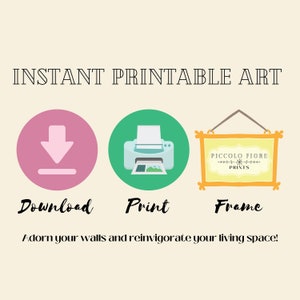 Pode incluir: Um gr&aacute;fico que mostra as etapas para criar arte imprim&iacute;vel. Um c&iacute;rculo rosa com uma seta de download, um c&iacute;rculo verde com uma impressora e uma moldura amarela com o texto "PICCOLO FIORE PRINTS". O texto "INSTANT PRINTABLE ART" est&aacute; no topo do gr&aacute;fico. O texto "Baixar Imprimir Moldura" est&aacute; abaixo dos c&iacute;rculos e da moldura. O texto "Decore suas paredes e revitalize seu espa&ccedil;o de vida!" est&aacute; na parte inferior do gr&aacute;fico.