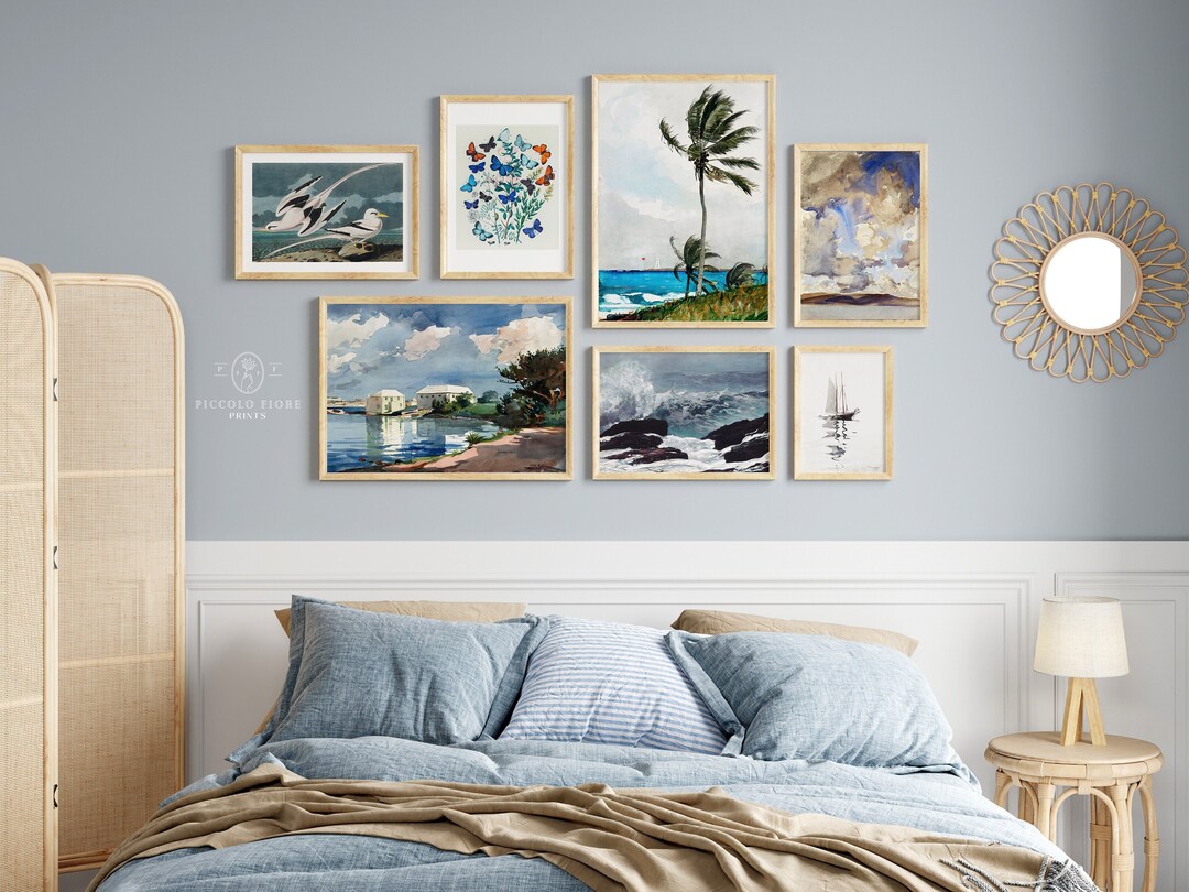 Vintage Coastal Gallery Wall SET | Blue & Grey Eclectic Art Prints ...
