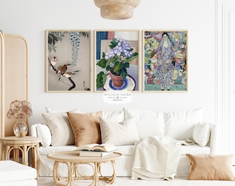 Vintage Set of 3 Prints | Gallery Wall Art | Floral Still Life | Gustav Klimt | Japanese Bird Art Print | DIGITAL DOWNLOAD | S9-8.3
