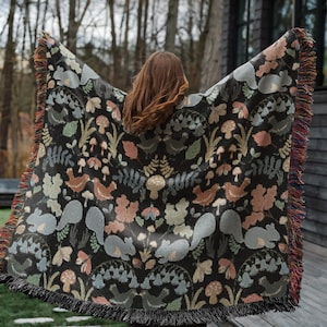 Fringed Woven Blanket | Cottagecore New Forest Inhabitants Nature Design Indoor Outdoor Floral Bird Woven Cotton Throw Blanket in Dark Green