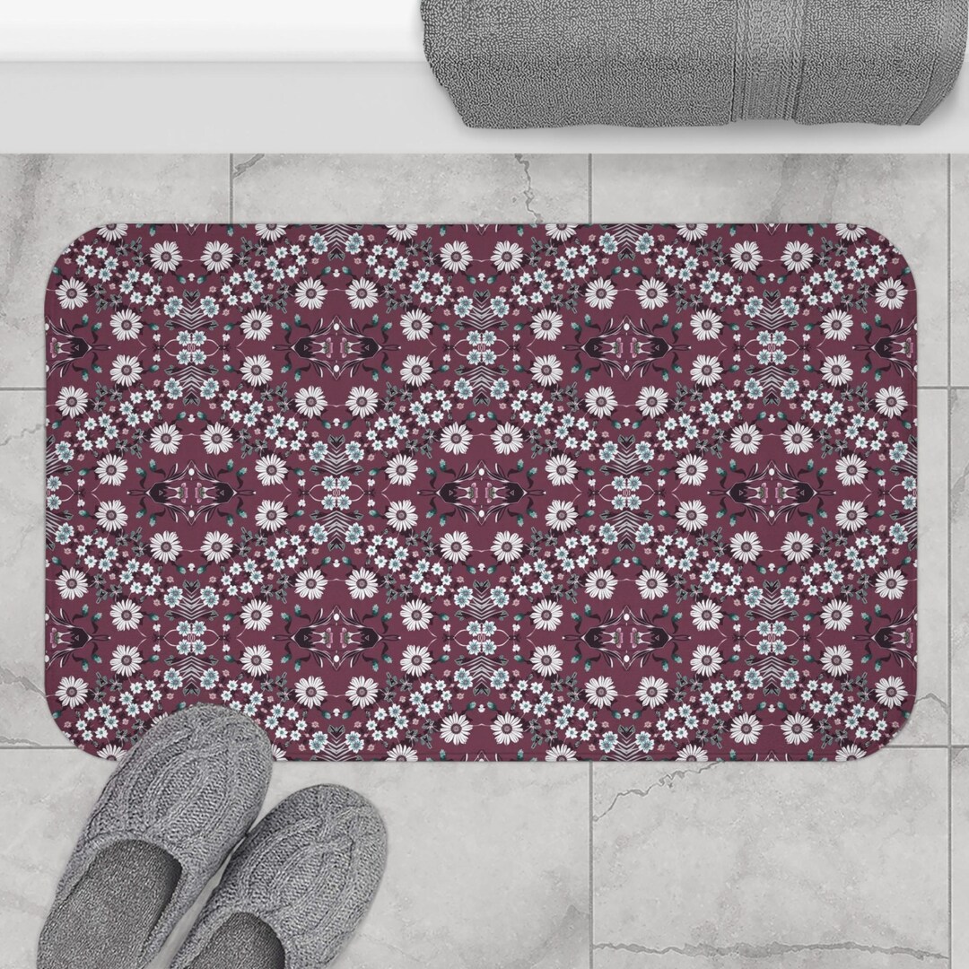 Plum/burgundy Retro Folk Floral Damask Super Soft Memory Foam Bath Mat ...
