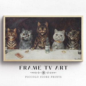 May include: A vintage illustration of six cats sitting at a table with drinks and a cigarette. The cats are dressed in formal attire and have human-like expressions. The illustration is in a wooden frame.