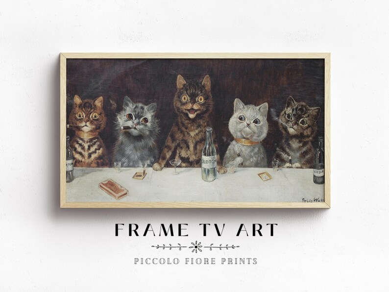 May include: A vintage illustration of six cats sitting at a table with drinks and a cigarette. The cats are dressed in formal attire and have human-like expressions. The illustration is in a wooden frame.