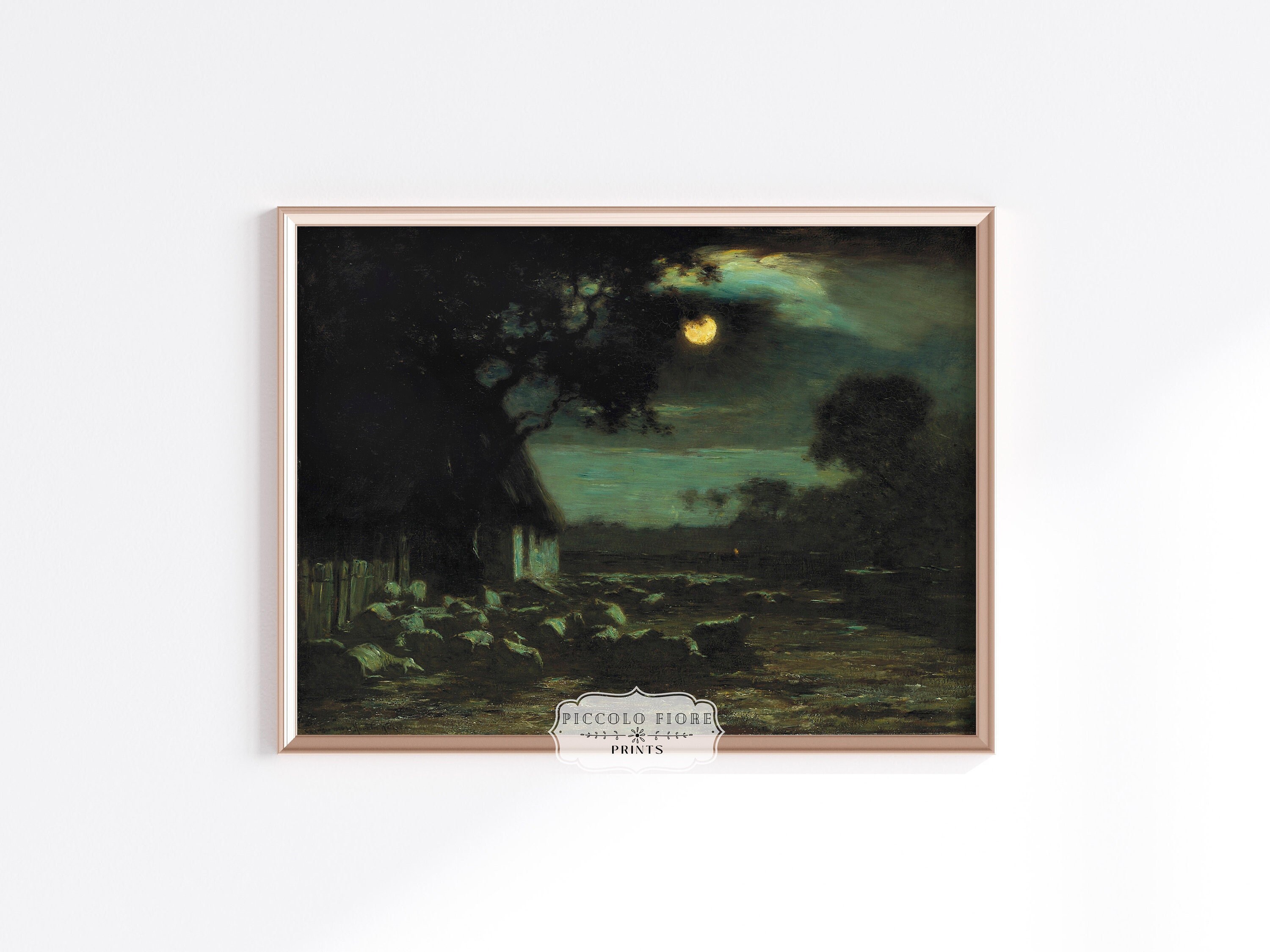 Vintage Moody Moonlight Sheepyard Farmhouse Countryside Teal Green Oil Painting Art Print | Instant DIGITAL DOWNLOAD | P195