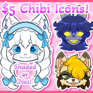 Puede incluir: Un fondo rosa con tres iconos de personajes chibi. El texto superior dice "$5 Chibi Icons!" en rosa. Los personajes son un gato blanco con detalles azules, un personaje de pelo azul con ojos amarillos y un personaje marrón y amarillo.