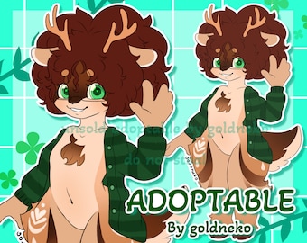 May include: Adoptable digital art of a brown and tan deer with green eyes, wearing a green and white striped cardigan. The deer has brown antlers and is smiling. The text "ADOPTABLE By goldneko" is at the bottom of the image.