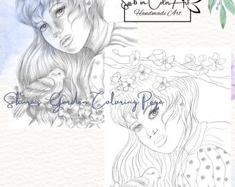 Coloring Page / Page de Coloriage - Sakuras Garden - hand drawing art