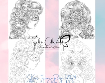 2 pages de coloriage/ 2 Coloring pages - Masked Rose + Kiss From a Rose New Version - Handmade Drawings / No AI