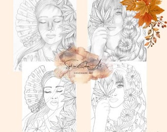 2 pages de coloriage/ 2 Coloring pages - Hidden Maple Beauty + Maple Wind - Handmade Drawings / No AI