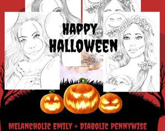 2 pages de coloriage/ 2 Coloring pages - Diabolic Pennywise + Melancholic Emily - Handmade Drawings / No AI