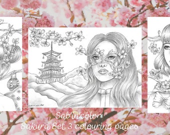 Set 3 pages de coloriage / coloring pages - Set Sakura - Téléchargement - Download