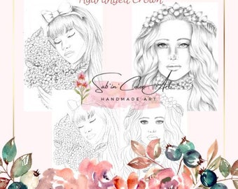 2 pages de coloriage/ 2 Coloring pages - Hydrangea Crown + Hydrangea Cuddle - Handmade Drawings / No AI