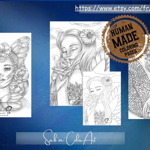 Può includere: Cinque pagine da colorare in bianco e nero con illustrazioni intricate di donne con corone di fiori e ali di farfalla. Le pagine sono etichettate "Human Made Coloring Pages".