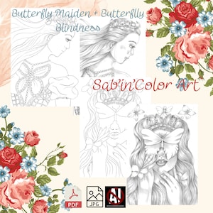 2 coloring pages / 2 Coloring pages - Butterfly Blindness + Butterfly Maiden / Handrawing / No IA