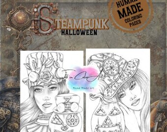 2 pages de coloriage/ 2 Coloring pages - Steampunk Lady + Steampunk Witch / Hand made No AI
