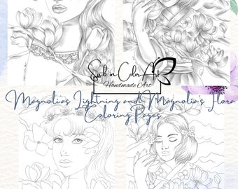 2 pages de coloriage/ 2 Coloring pages - Magnolias Lightning + Magnolias Flora - Handmade Drawings / No AI