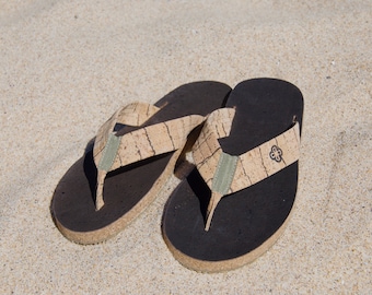 Natural eco-friendly Cork Sandals, ethical hand made flip flops with biodegradable cork and natural latex, vegan leather and sustainable