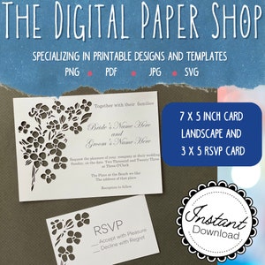 Dogwood Flower vine cut Wedding invitation template for cricut svg,  Baby Shower 5 x 7 card and 3 x 5 reception card