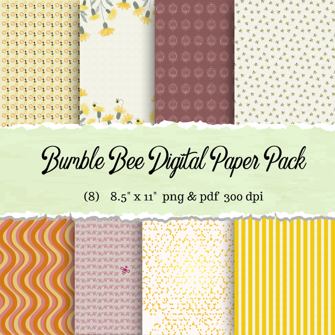 Bumble Bee 8 Pack Digital Paper PNG PDF Easy Print Honey Bee Themed ...