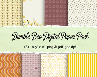 Bumble Bee 8 Pack Digital Paper PNG PDF eenvoudig afdrukken honingbij thema scrapbook Paper Pack 8,5 x 11 inch afdrukbaar