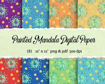 Painted Mandala Collection 12 x 12 inch Digital Paper Pack PDF en PNG, afdrukbaar plakboekpapier, uitnodiging bloempatroon kunst aan de muur