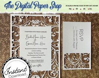 Bloem wijnstok gesneden bruiloft uitnodiging cricut SVG sjabloon Baby douche SVG 5 x 7 kaart en 3 x 5 ontvangst kaart Sweet 16 uitnodiging SVG