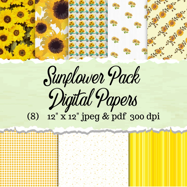 Sunflower Digital Paper Pack PDF and PNG, Printable Scrapbook Paper ...