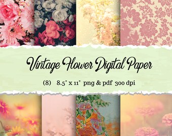 Vintage Floral Digital Paper Pack Afdrukbare inpakuitnodiging decoupage dagboek digitaal 8,5 x 11 gemakkelijk af te drukken kleurenbloempapier