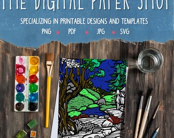 Digitaal kleurboek, afdrukbare kleurplaten volwassenen, mannen vrouwen jongens, wildernis natuur ontspannend