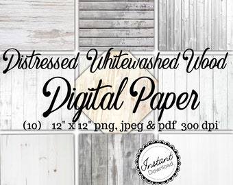 Distressed Whitewashed Wood Digitaal Papier PNG PDF, 12" x 12" Digital Paper Pack jpeg jpg Vintage Afdrukbaar Scrapbook Papier