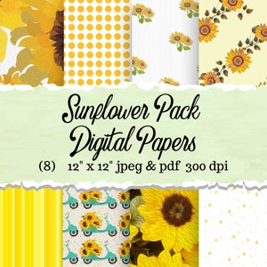 Sunflower Digital Paper Pack PDF and PNG, printable scrapbook paper, invitation flower pattern wall art
