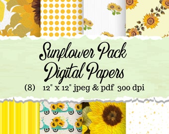 Zonnebloem digitaal papierpakket PDF en PNG, afdrukbaar plakboekpapier, uitnodiging bloempatroon kunst aan de muur