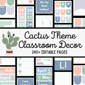 Cactus Theme Classroom Decor Bundle | Editable Cactus Elementary Classroom Decor | Modern Classroom Decor Bundle | Green Blue Class Decor