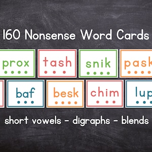 Word Cards absurdes | Cartes de voyelle phonique courte | Décodage des digrammes de mélanges CVC | Mots absurdes | Alphabétisation structurée | Cartes Phonics Flash