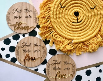 Acrylic or Engraved “And then there were” pregnancy announcement disc | Oak,  Maple, Walnut Veneer | Birch Plywood | Mirror Acrylic