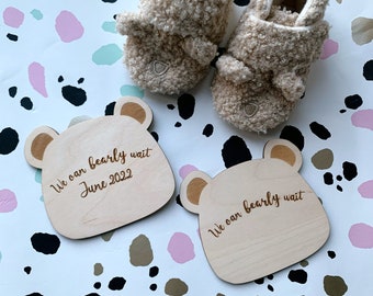 Gender Neutral Pregnancy Announcement | Date Free | Bear Themed | Birch Plywood Engraved Flat lay Photo Prop