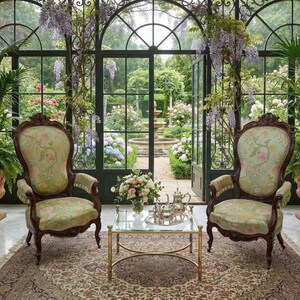 Può includere: Un'elegante veranda con due poltrone ornate con rivestimento floreale. Un tavolo con piano in vetro espone un set da tè e fiori. Grandi finestre offrono una vista su un lussureggiante giardino con una fontana. Piante in vaso e un tappeto fantasia completano la scena.