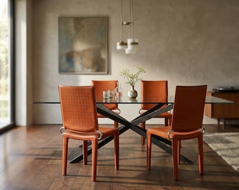 Set di 4 Sedie Design in Cuoio Arancione e Ferro Vintage