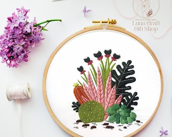 DIY Plant Embroidery Kit-Cactus Embroidery Kit-Beginner Friendly-Bamboo Hoop Art-Craft Art-Home Decor-Housewarming /Birthday/Wedding Gift