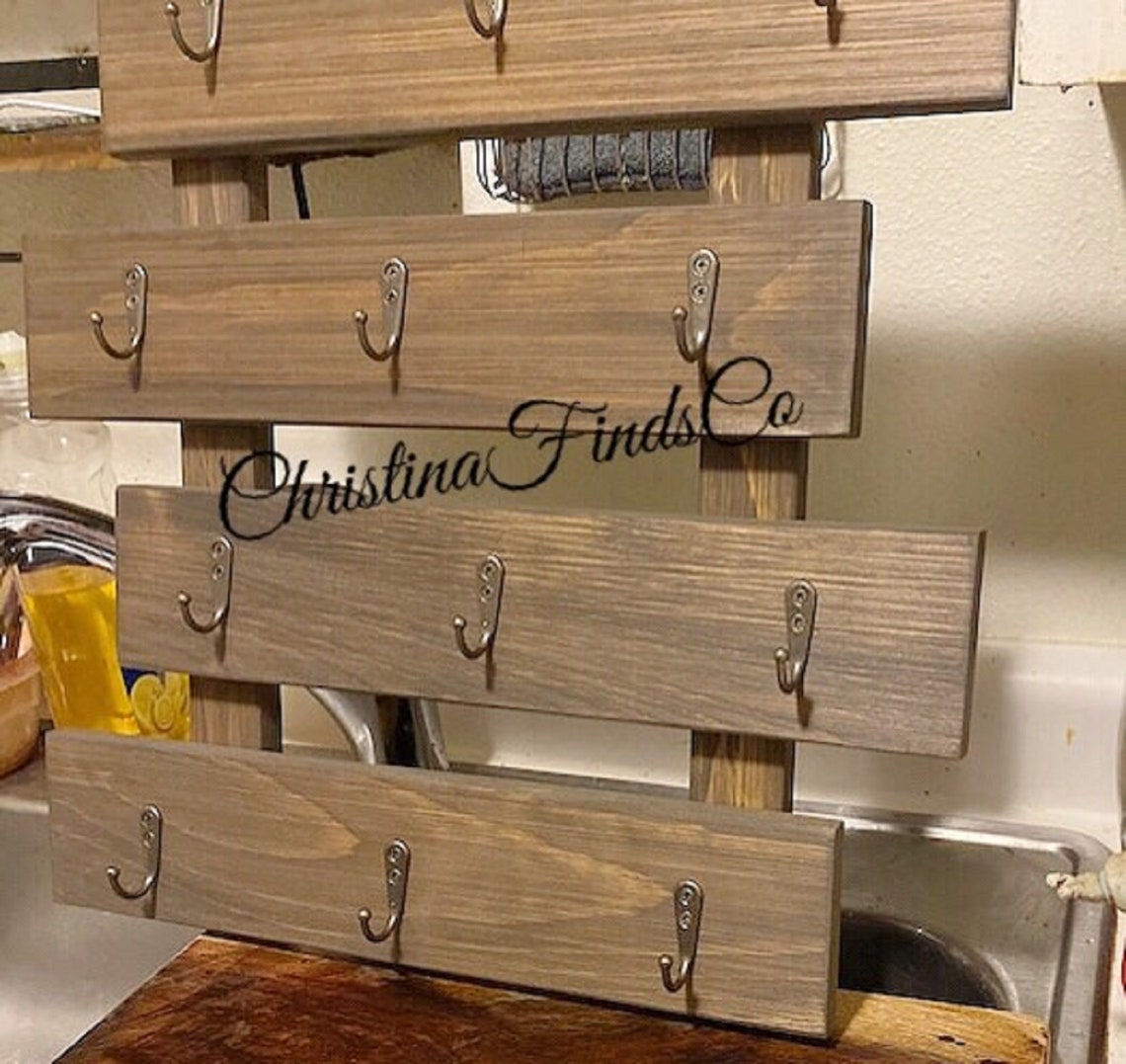 Vintage Wood Cups Rack with 12 Hooks and Storage Shelf Wooden Etsy
