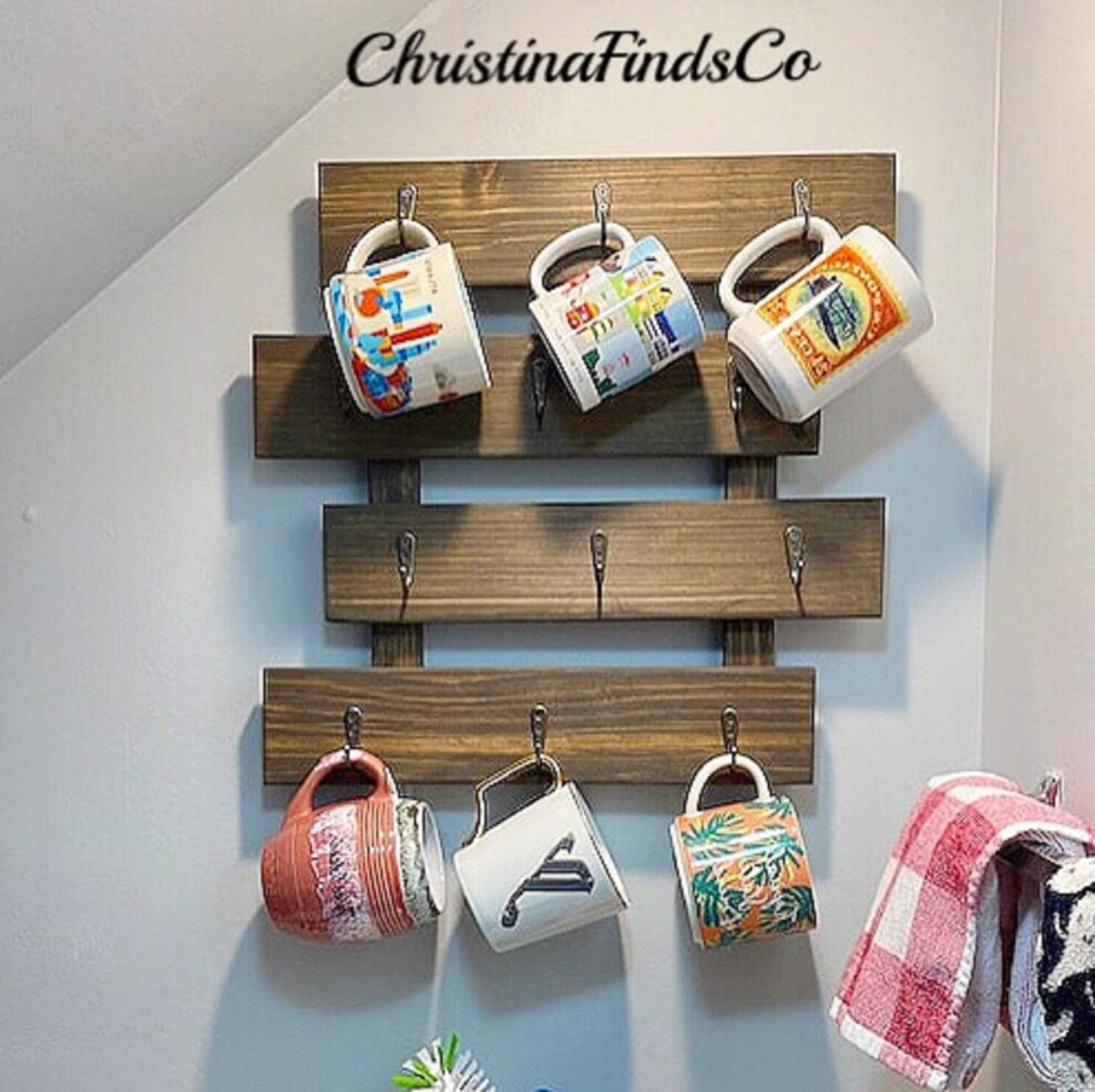 vintage-wood-cups-rack-with-12-hooks-and-storage-shelf-wooden-etsy