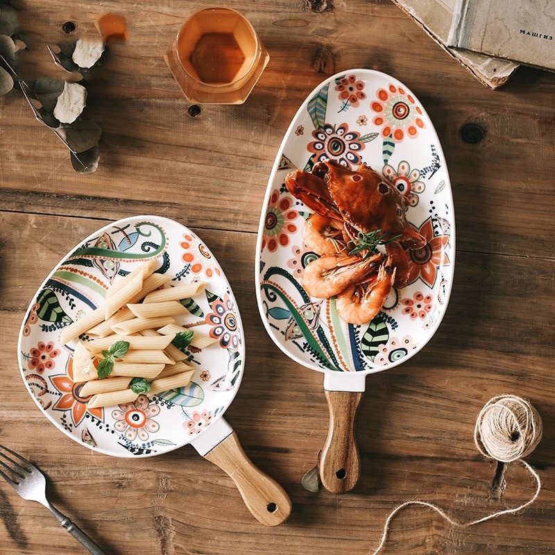 Assiettes avec Poignée, Vintage, Design, Céramique et Bois - Melix