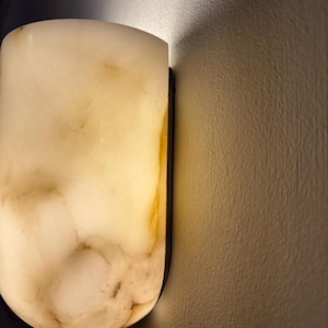 May include: A wall-mounted sconce with a cylindrical, off-white shade. The shade has a marbled appearance with brown and yellow veining. The sconce is mounted on a dark metal backing, casting a shadow on the wall.