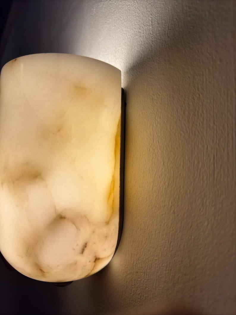May include: A wall-mounted sconce with a cylindrical, off-white shade. The shade has a marbled appearance with brown and yellow veining. The sconce is mounted on a dark metal backing, casting a shadow on the wall.