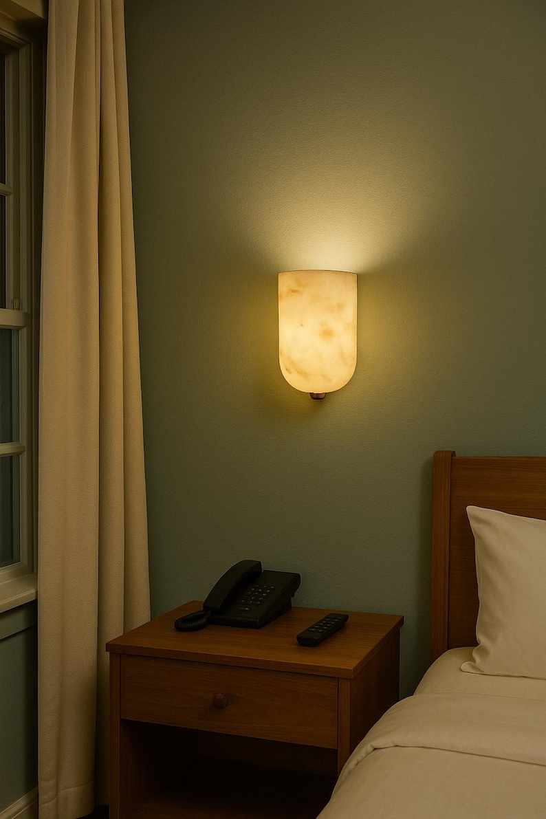 May include: A wall-mounted, cream-colored sconce with a rounded bottom emits a warm glow. The lamp is mounted on a muted green wall, above a wooden nightstand with a black telephone and remote control. A bed and window are also visible.