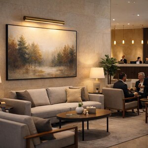 May include: A hotel lobby with a neutral color palette. A large landscape painting hangs above a light gray sofa with accent pillows. A round coffee table and armchairs complete the seating area. Several people are seated in the lobby.